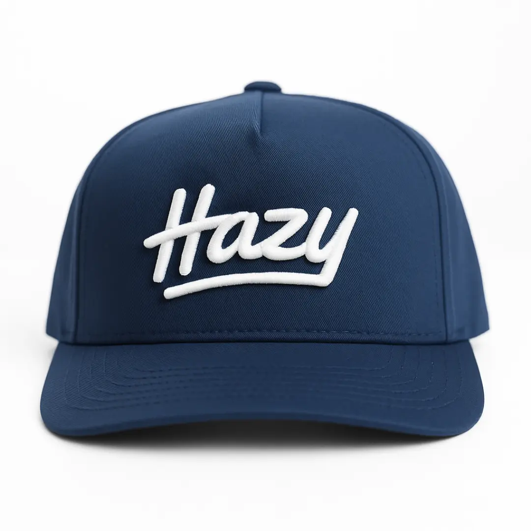 Navy blue cap with 'Hazy' logo on a white background