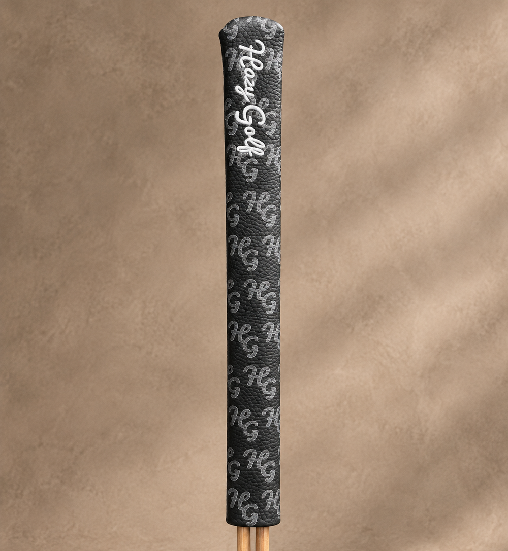 Black Hazy Golf alignment-stick cover with all-over HG pattern and white embroidery on a warm neutral background.